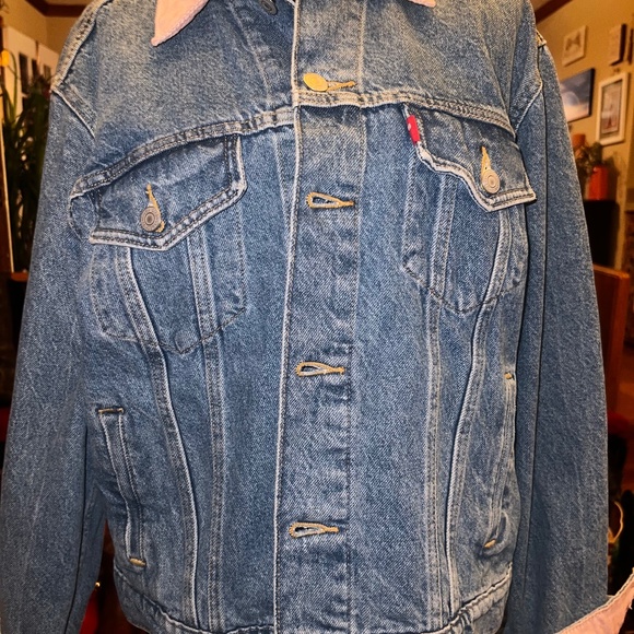 LEVI’S Denim Original Jacket Womens Xlarge Classic medium blue pink collars cuff - Picture 1 of 10